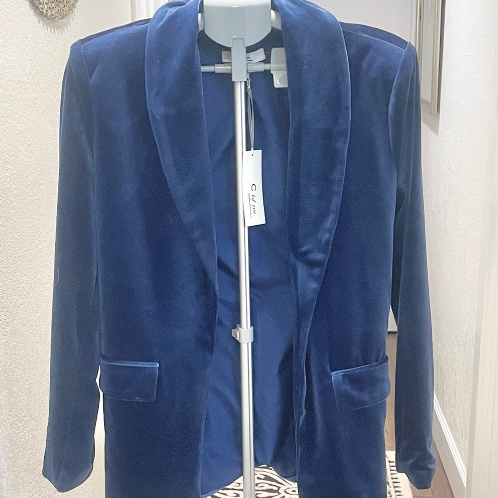 Chic Royal Blue Velvet Women's Blazer w Tie waist Large